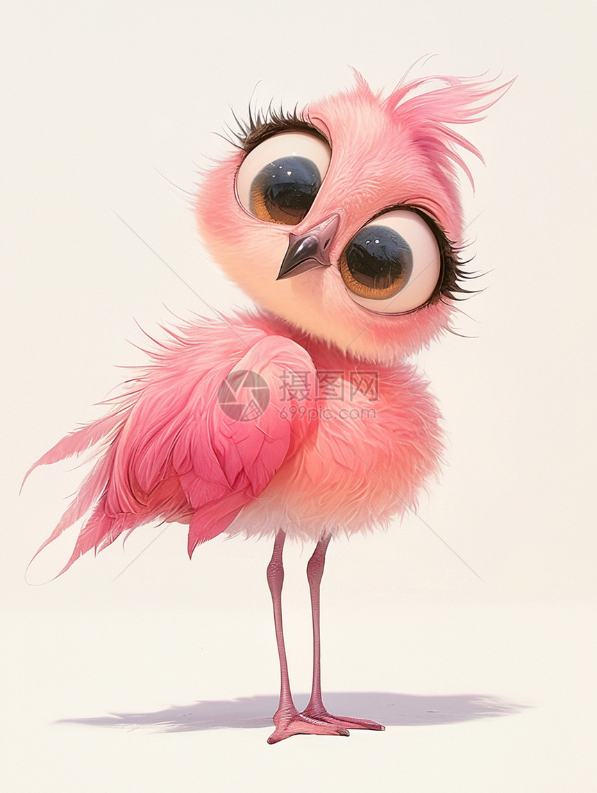 一只大眼睛呆萌可爱的粉色卡通小鸟图片