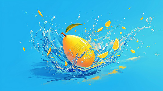 芒果摄影落入水中的黄色卡通芒果插画