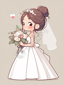 新娘婚纱女孩手捧着花束戴着透明头纱的卡通新娘插画