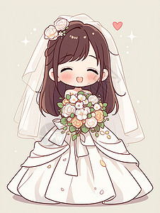 新娘婚纱女孩手捧花束戴着透明头纱的卡通新娘插画