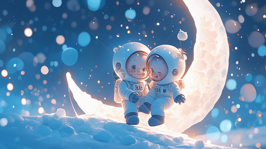 坐在月亮上的两个穿着宇航服的卡通宇航员图片