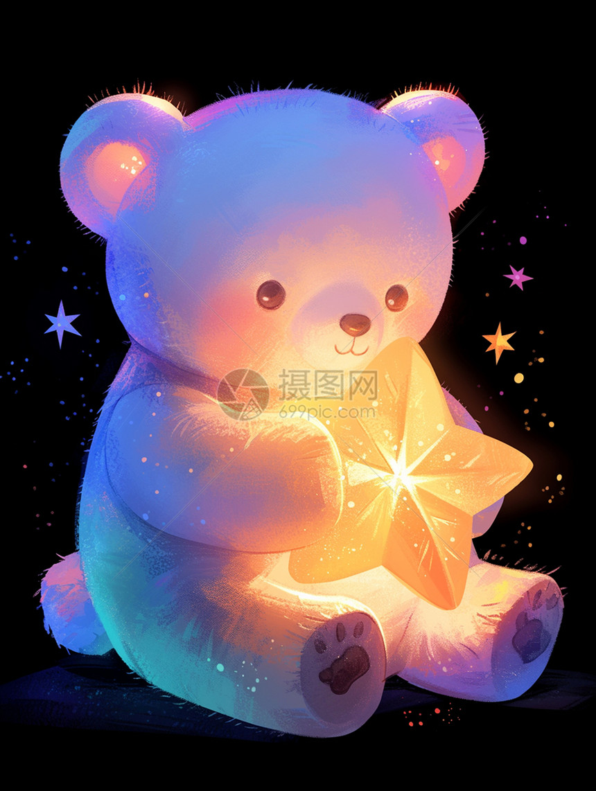 夜晚抱着发光小星星的可爱卡通熊图片