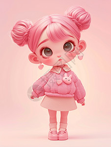 粉色头发小可爱粉色头发梳着丸子头的可爱卡通女孩插画