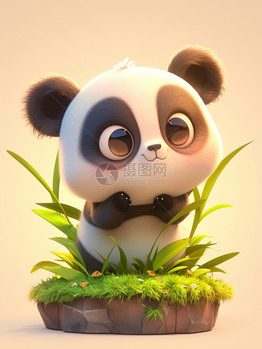 在草丛中玩耍的可爱卡通熊猫图片
