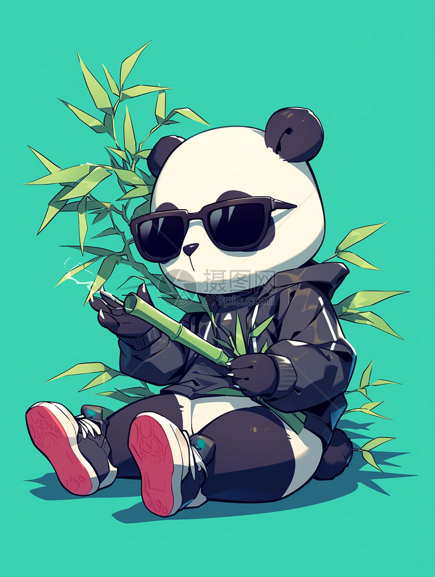戴着墨镜抱竹子帅气的卡通大熊猫图片