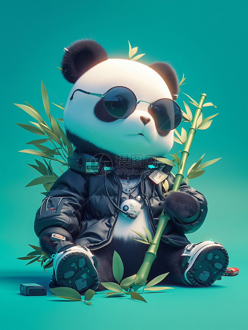 戴墨镜抱竹子帅气的卡通大熊猫图片