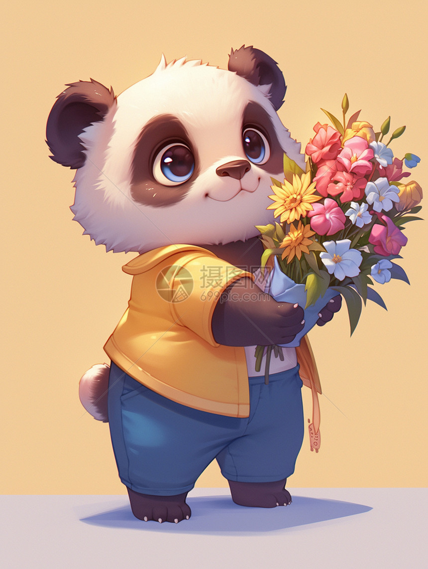 抱着花束可爱的卡通熊猫图片