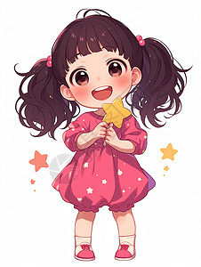 粉色小星星拿着棒棒糖可爱的大眼睛卡通小女孩插画