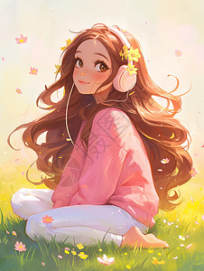 线控耳麦坐在草地上听音乐的长发卡通女孩插画