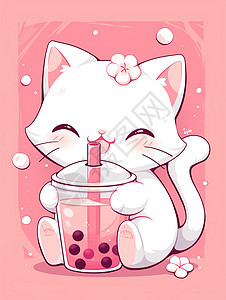 喝奶粉喝奶茶的可爱卡通小猫插画