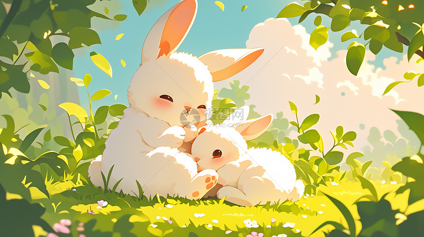 草丛中两只可爱的卡通小兔子图片