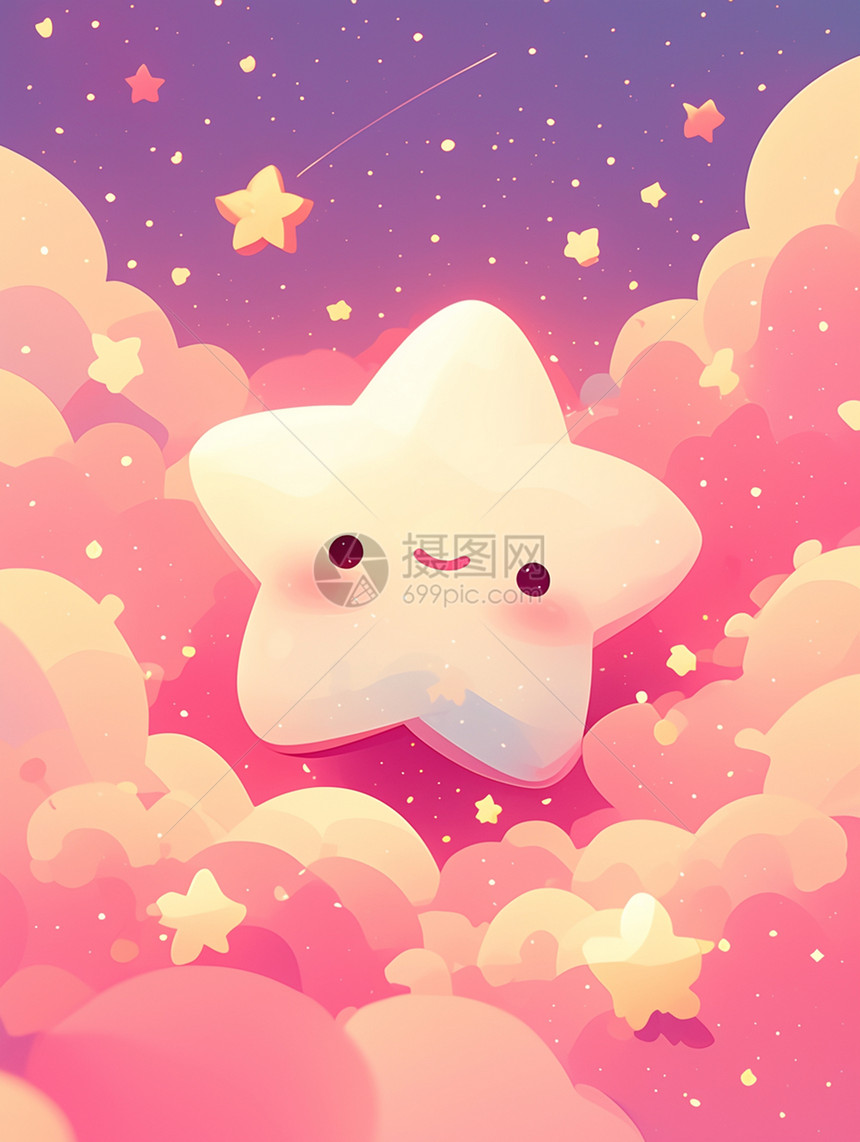 粉色梦幻天空中卡通星星与云朵图片