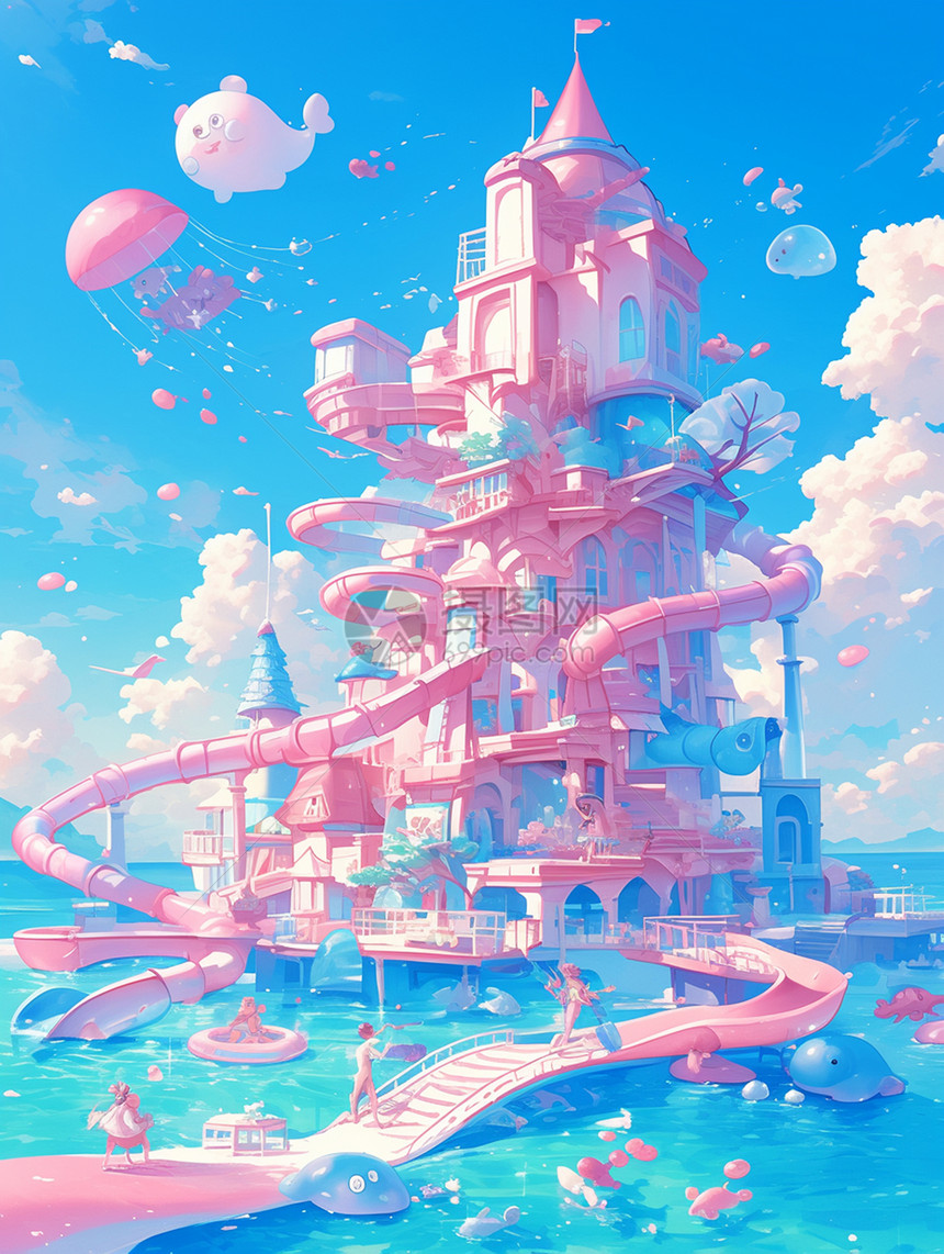 彩色梦幻唯美的粉色卡通水上乐园图片
