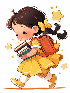 连衣裙上新身穿连衣裙抱着书本背着书包的女孩插画