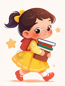 黄色卡通屋子身穿黄色连衣裙抱着书本背着书包的女孩插画