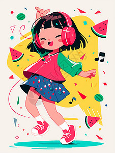 插画水果主题身穿西瓜裙戴着耳麦听音乐的女孩插画