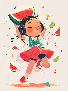 挑西瓜的女孩身穿西瓜裙戴着耳麦听音乐的卡通女孩插画