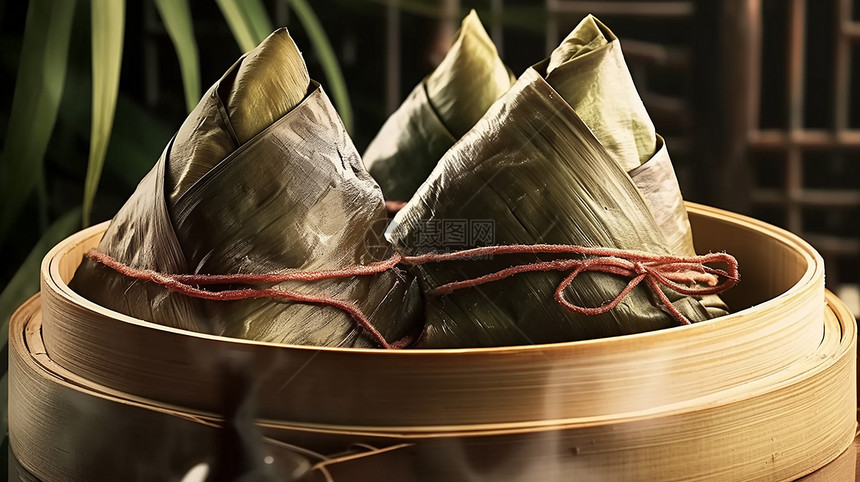 在竹筐中美味的粽子摄影图片