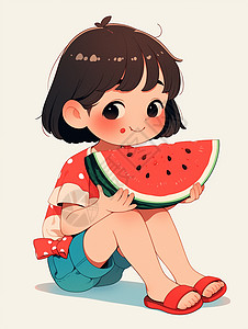 女孩短发坐着开心吃西瓜的卡通女孩插画