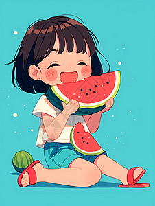 女孩坐着吃西瓜开心吃西瓜的卡通女孩插画