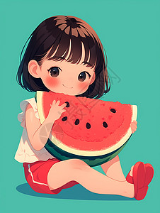 清凉夏装女孩可爱的卡通小孩坐着开心吃西瓜插画