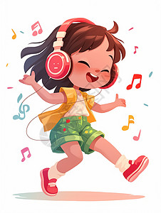跳跃的音符耳麦开心听音乐的卡通小女孩插画
