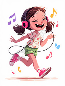 白色音符戴着耳麦听音乐的卡通小女孩插画