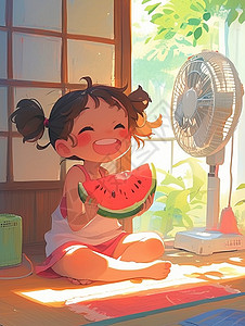 坐在前开心吃西瓜的卡通小女孩高清图片