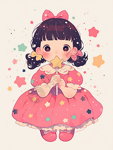 彩色糖手拿黄色小星星的糖果的小女孩插画