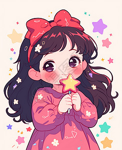 彩色的糖头上戴着粉色蝴蝶结发卡的可爱卡通小女孩手拿着星星棒棒糖插画