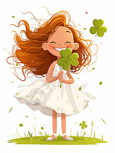 绿色长发女孩穿着连衣裙手拿绿色幸运草的女孩开心笑插画