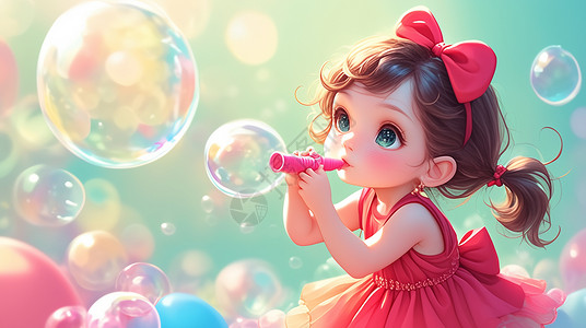 红色透明泡泡穿着红色连衣裙吹可爱的卡通小女孩插画