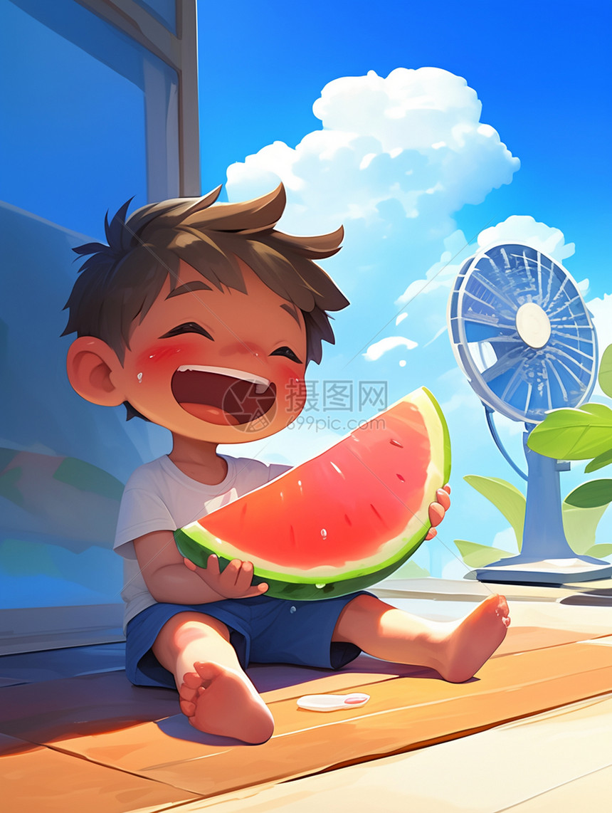 坐在电风扇前开心吃西瓜的卡通小男孩图片
