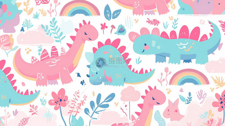 彩色可爱的各种卡通小恐龙背景图片