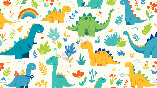 恐龙素材彩色各种卡通小恐龙背景插画