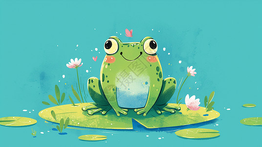 绿色青蛙可爱卡通壁纸插画唯美的卡通荷塘中一只卡通小青蛙插画