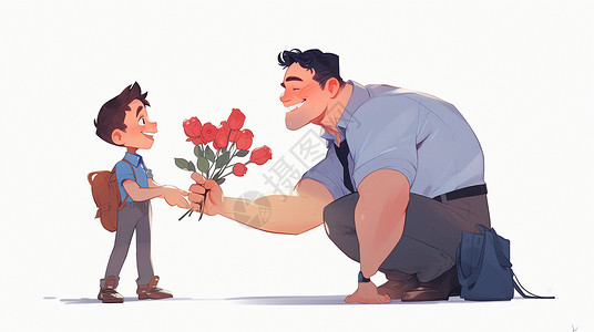 送花给爸爸父亲节送爸爸花束的卡通小男孩插画