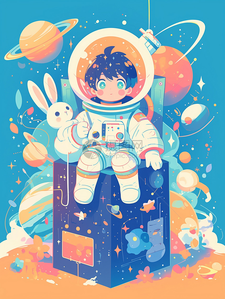 坐在箱子上穿着宇航服抱着小兔子的帅气卡通宇航员图片