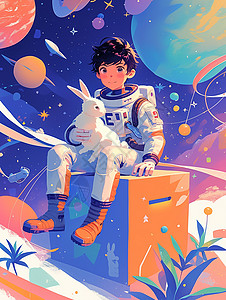 坐着抱球男孩坐在箱子上穿着宇航服抱着小兔子的帅气卡通宇航员插画