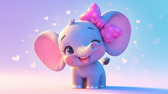 粉色小象头上戴着蝴蝶结的卡通小象插画