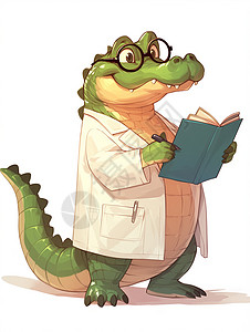 简约黑框素材戴着黑框眼镜手拿本子穿白大褂的卡通鳄鱼医生插画
