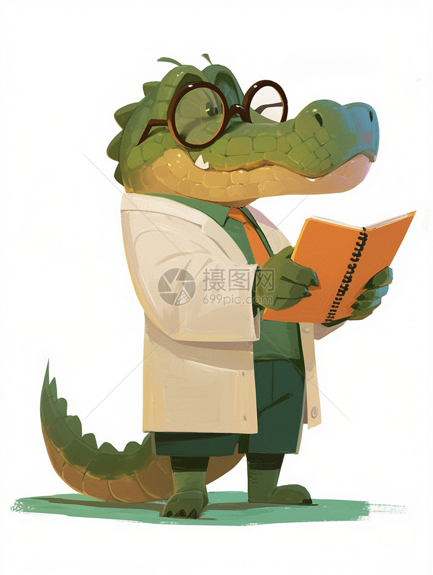 戴着黑框眼镜手拿本子穿白大褂的卡通鳄鱼医生图片