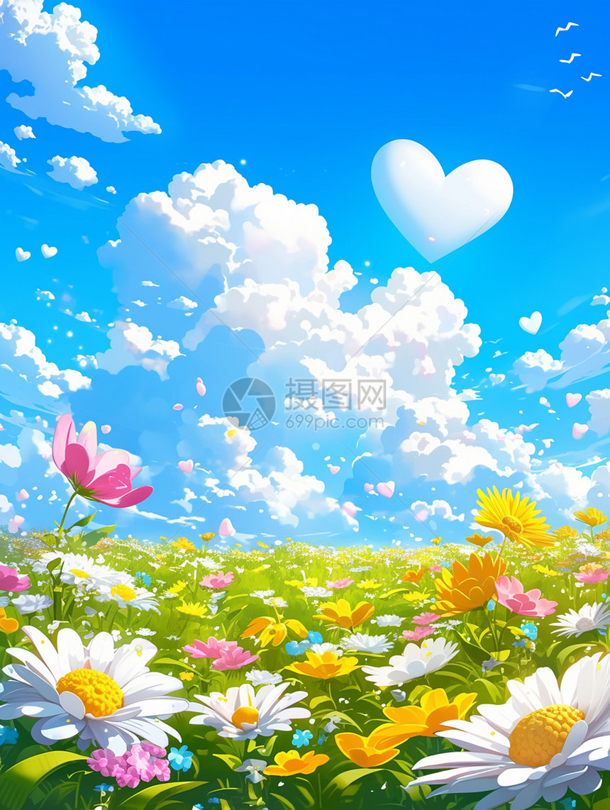 蓝天白云下一大片盛开梦幻唯美的花朵图片