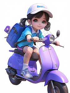 骑着摩托车背着书包的卡通女孩高清图片