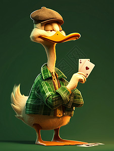 身穿外套手拿着扑克牌的时尚卡通鸭子背景图片