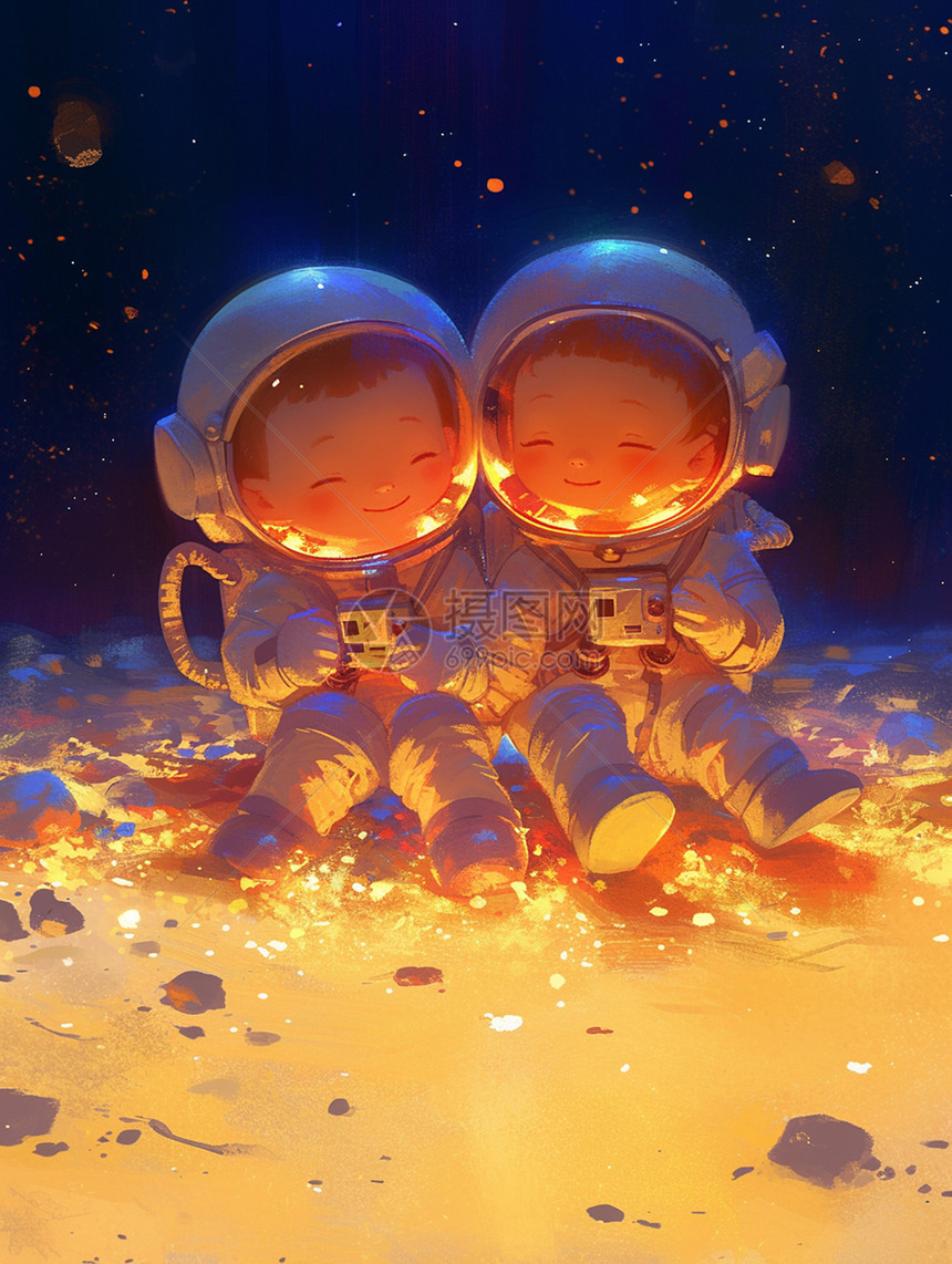 两个穿着宇航服的宇航员坐在太空中的星球上图片