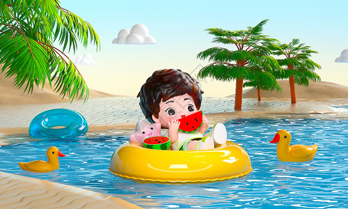 卡通美女吃西瓜c4d立体小男孩坐在游泳圈里吃西瓜场景设计图片