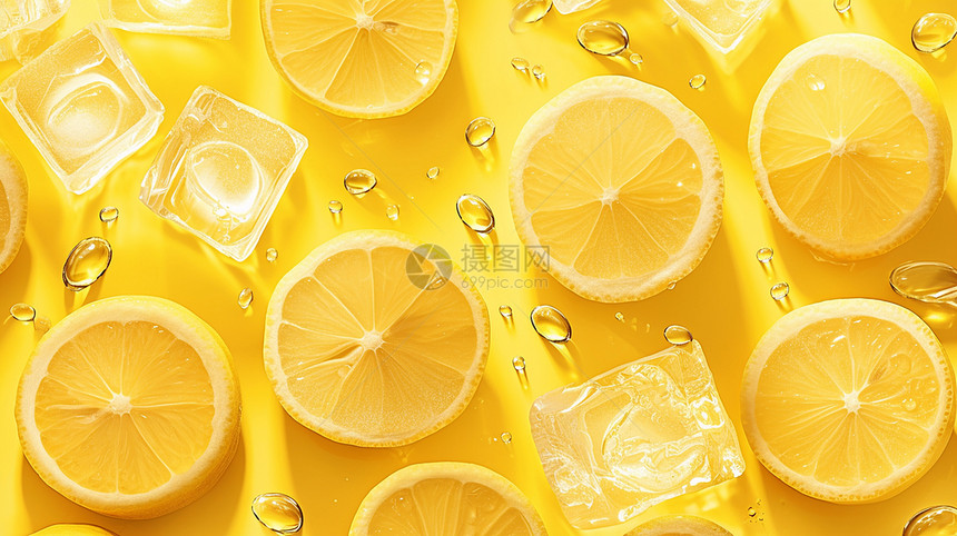 明黄色清新的柠檬切片与冰块图片
