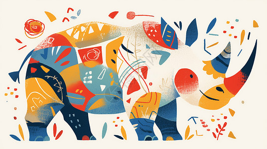 彩色抽象装饰画彩色扁平风时尚的卡通小犀牛插画