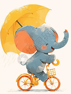 可爱的卡通蓝色小象骑着自行车举着黄色小伞高清图片